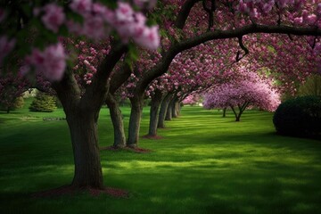 A lush green lawn surrounds an ornamental garden with imposingly flowering huge cherry trees. Generative AI