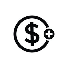 Money icon. Dollar sign. Finance icon with add sign. Finance icon and new, plus, positive symbol. Icon, extra, money, dollar, positive, sign, join, pay, plus, add, addition.