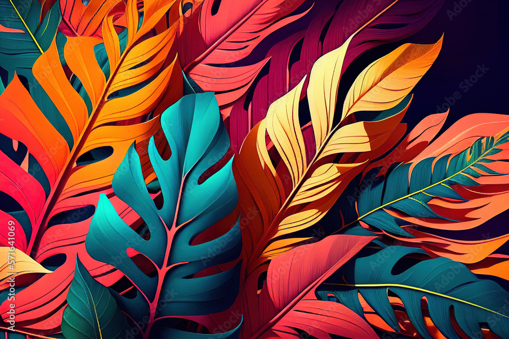 Wall mural Color-soaked tropical foliage for a vibrant abstract setting