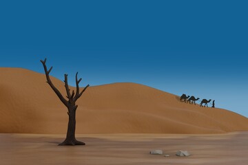 Fototapeta premium Illustration drawing of desert with tree and caravan with camels