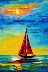 Fototapeta na wymiar Colorful oil painting on canvas texture. Impressionism image of seascape paintings with sunlight background. Modern art oil paintings with boat, sailing on the sea. - generative ai