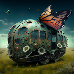 A mechanical butterfly, an illustration of a surreal butterfly with a mechanical structure in the shape of a locomotive. Generative AI - 571642054