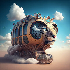 Mechanical Cat, an illustration of a surreal jaguar with a mechanical structure in the shape of a bus. Generative AI