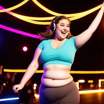 Oversize fat happy young women dancing in night club. Generated by AI