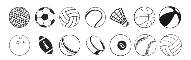 Sports balls black flat icon set. Cartoon vector style.