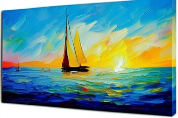 Fototapeta na wymiar Colorful oil painting on canvas texture. Impressionism image of seascape paintings with sunlight background. Modern art oil paintings with boat, sailing on the sea. - generative ai