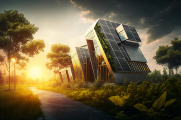 Obraz premium Generative ai photovoltaic solar panel on building terrace.