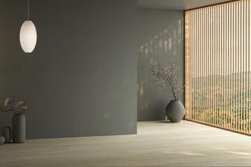 Modern bright minimalist interior dark blank wall in living room, dry plants in vases. 3d render illustration mock up. © leymandesign