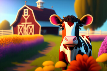 A cute cow in front of a barn with colorful flowers. Farm animal. Generative AI.