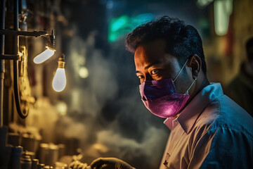Generative ai scientist working laboratory wearing surgical mask and safety glasses