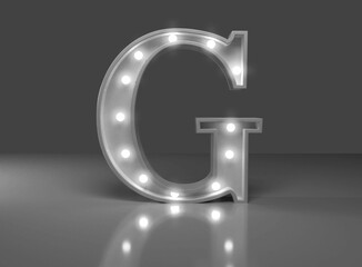 Letra luminosa g en fondo gris 