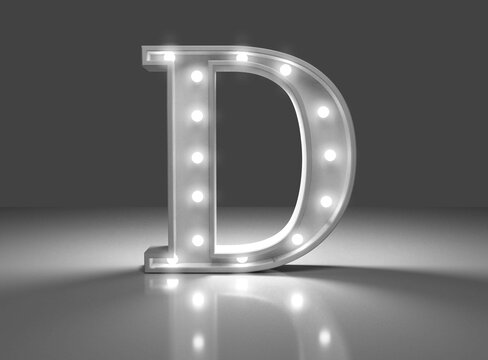 Letra luminosa d en fondo gris 