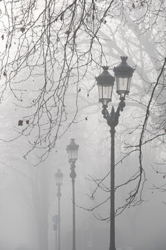 Des réverbères dans le brouillard en hiver