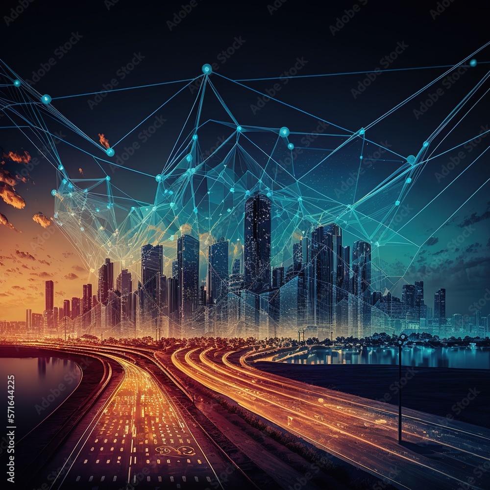 Poster abstract dot point and smart city link to gradient line and aesthetic concept of intricate wave line