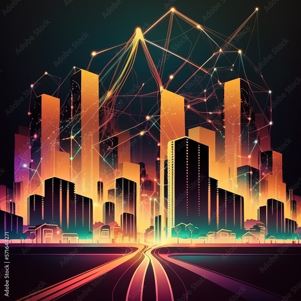 Poster abstract dot point and smart city link to gradient line and aesthetic concept of intricate wave line