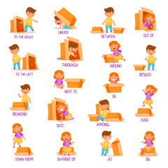 Little Boy and Girl with Carton Box as Prepositions of Place Demonstration Big Vector Set