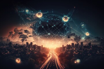 Fototapeta na wymiar Smart cities, the internet of things, and big data technology are related concepts. Atoms are connected by neural networks, which also obscure the backdrop of city traffic. flare like lighting effect