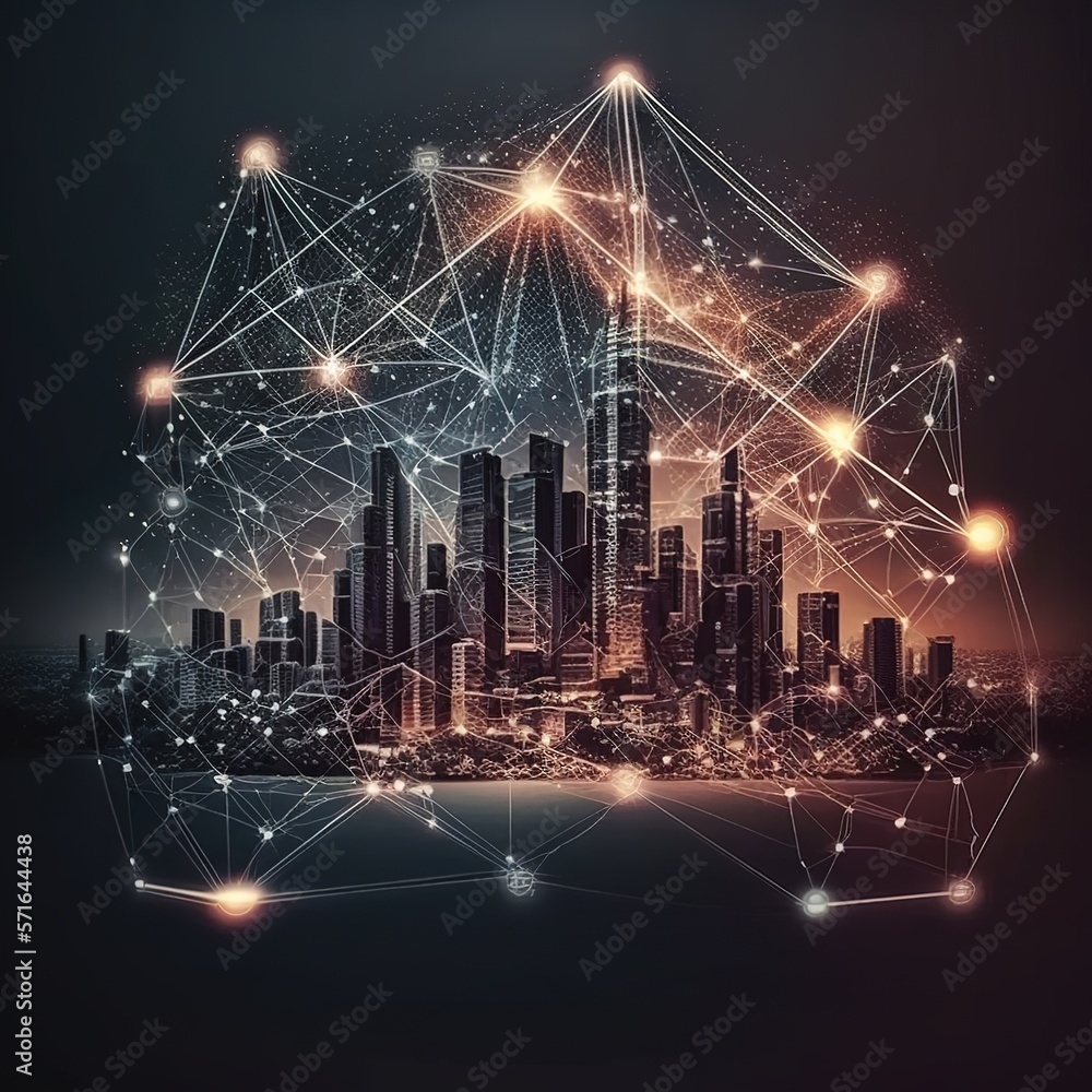 Poster smart city and abstract polygon pattern connection with speed line light, big data connection techno