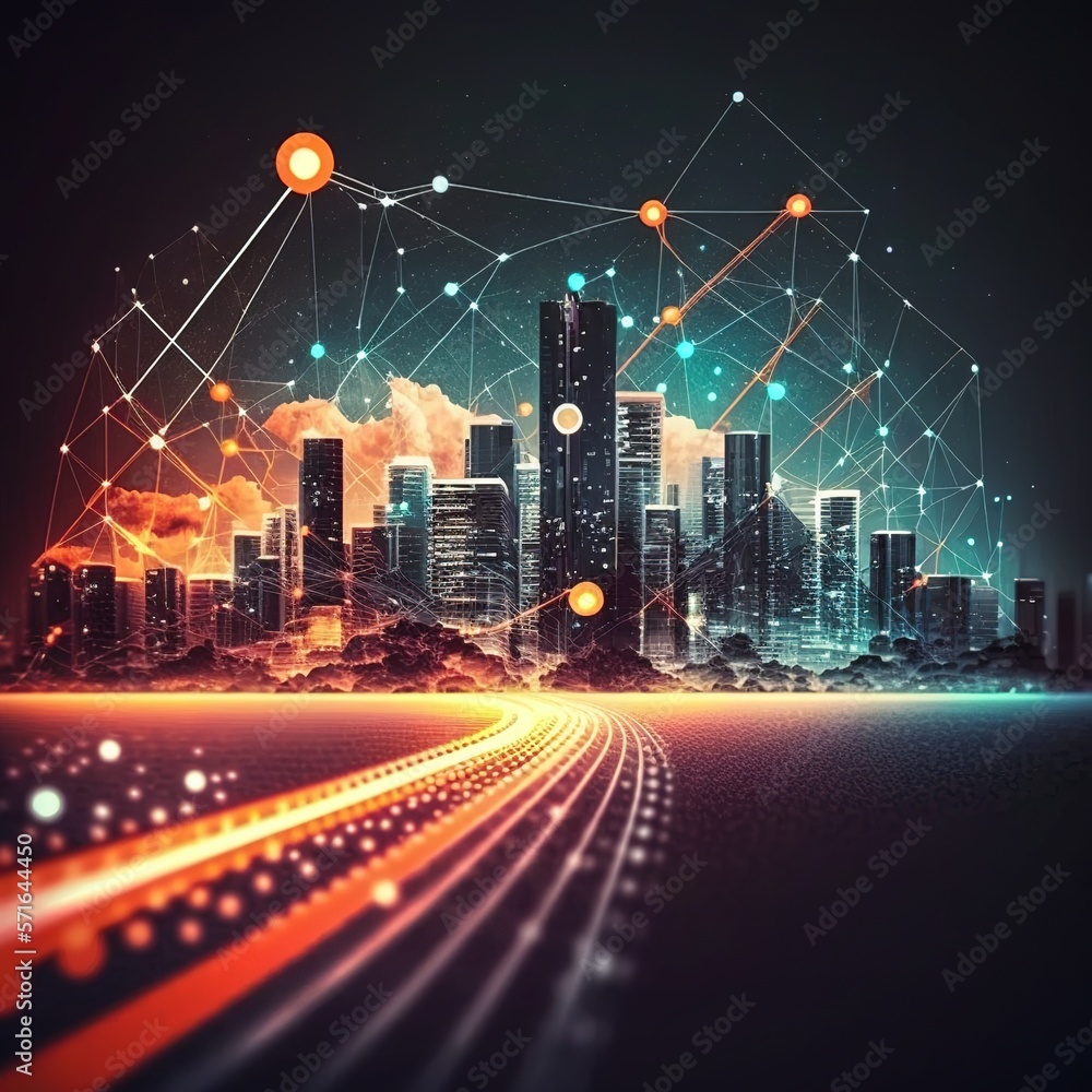 Poster smart city and abstract polygon pattern connection with speed line light, big data connection techno