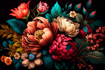 Bouquet of colorful flowers, floral background. AI	