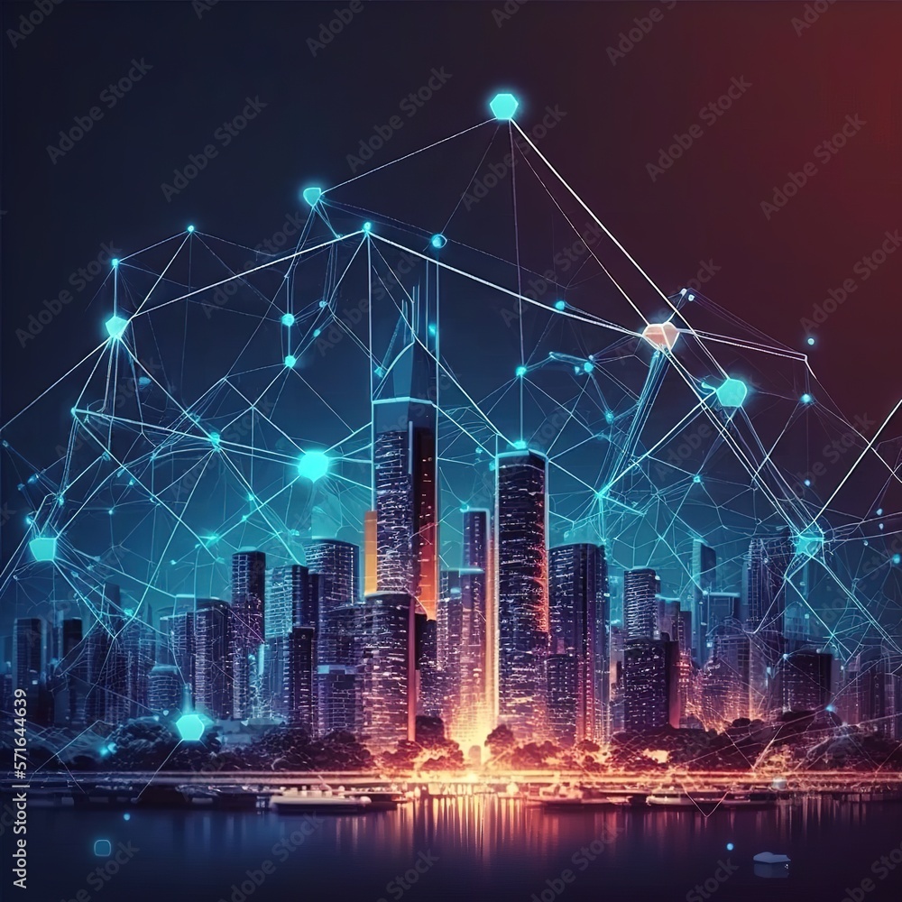 Poster smart city and abstract dot point connect with gradient line and aesthetic intricate wave line desig