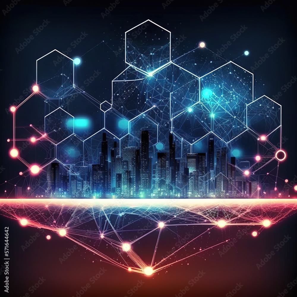 Poster smart city and abstract dot point connect with gradient line and aesthetic intricate wave line desig