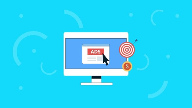 Click display advertisement on virtual screen, digital ad network target online customers marketing strategy programmatic media animation concept.