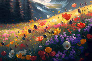 Fototapeta na wymiar illustration of a colorful flower meadow in spring. pastel. Generative AI