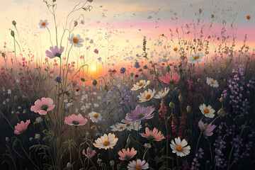 Obraz na płótnie Canvas illustration of a flower meadow at sunset. Generative AI
