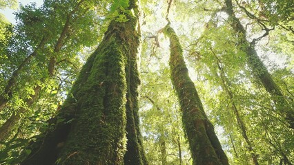 Fototapeta premium Wild pine forest with green moss under trees beautiful sunny and sunrise in the forest