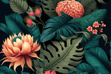 Rideaux Imprimé botanique patrons illustration of abstract tropical flowers and leaves. background. Generative AI  © jr-art