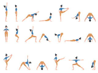 Fototapeta na wymiar A set of twenty different yoga poses, a woman in blue-orange clothes. Can be used for posters, banners, postcards.