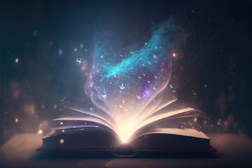 open fantasy book from which magical energies fly out. Generative AI