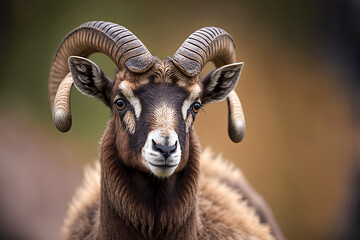 portrait of a mouflon ovis. Generative AI - obrazy, fototapety, plakaty
