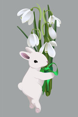 Cute, funny white easter bunny with a bouquet of white first spring flowers, festive spring holidays design element, design element
