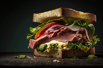 Seductive sandwich On a black background. AI generation.