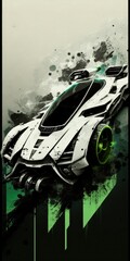 Sporty white futuristic vehicle (with grunge overlay) Generic and unrecognizable illustration. Generative AI
