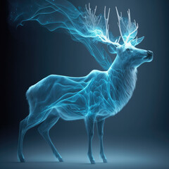 epic majestic deer, surrounded by a glowing aura that gives it a ghostly appearance. The deer appears to be a patronus or spirit animal, radiating strength and grace. Ai generative