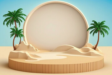 Tropical product placement podium stage with summer beach palm tree. Generative ai