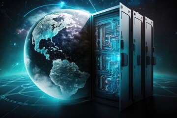 Global flight icons in a digital image set against a barren server room. Concept of global connection and networking. Generative AI