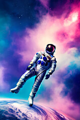 Astronaut Floating Weightlessly In Space Wearing Reflective Visor Helmet And Space Suit, against backdrop of a colorful backdrop created using generative AI technology