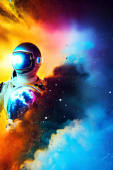 Obraz na płótnie Canvas Astronaut Floating Weightlessly In Space Wearing Reflective Visor Helmet And Space Suit, against backdrop of a colorful backdrop created using generative AI technology