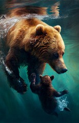 Brown mother bear and her child swimming under water