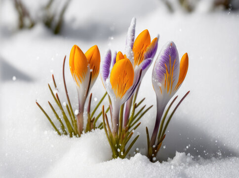 purple gold colored tulips in winter in the snow. Generative AI