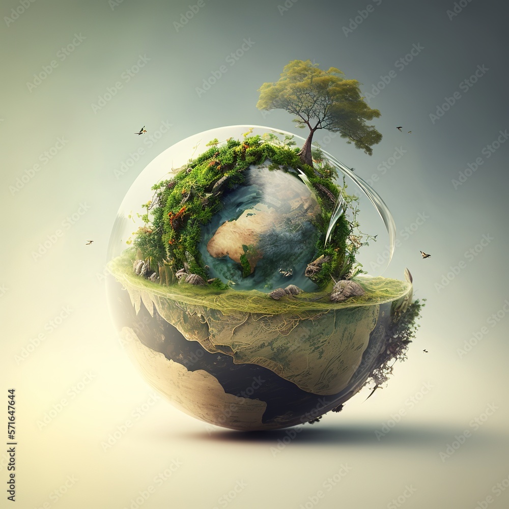 Canvas Prints Ecology eco environmental protection, climate changes, planet with leaves vector emblem. Presentation of nature, health, eco lifestyle with globe and plants, generative ai