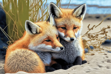 young foxes cuddle closely together. Generative AI