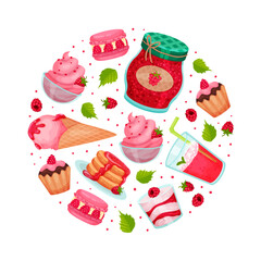 Sweet Raspberry Food Round Composition Design with Pink Sugary Dessert Vector Template