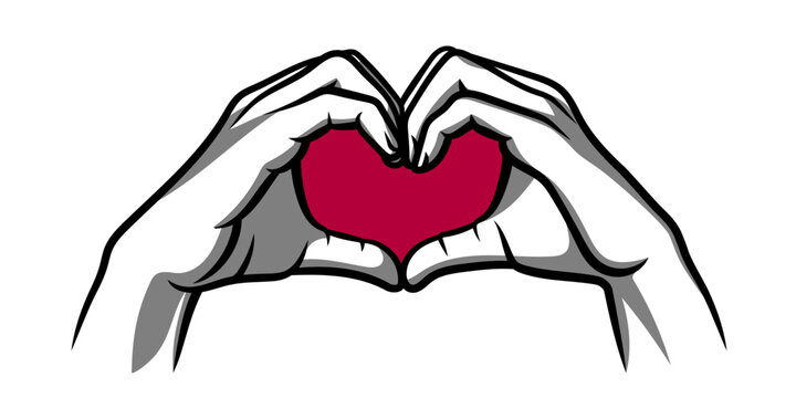 Illustration of Hands making Sign of Heart. Red heart. Vector Illustration. Ink Style Lines, Shadows and Fill.