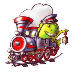 Cartoon dinosaur on a steam train, isolated on a white background. 3d illustration.