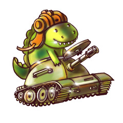 Cartoon dinosaur on a tank, isolated on a white background